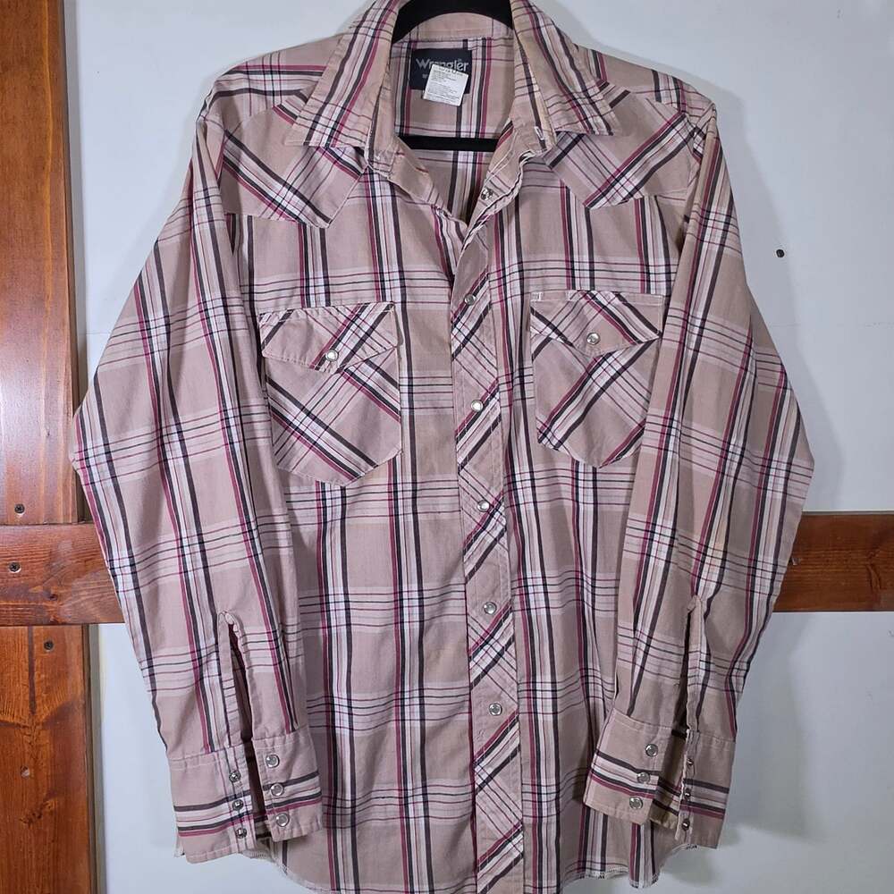 Wrangler Western Shirt Mens Medium Pearl Snap Long Sleeve Plaid Tan Pink